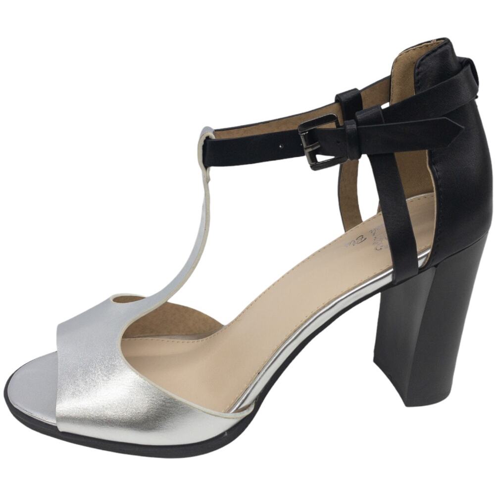 French Blu Adi Women's 10 Black Silver Metallic Block Heel Sandal NWT Dress